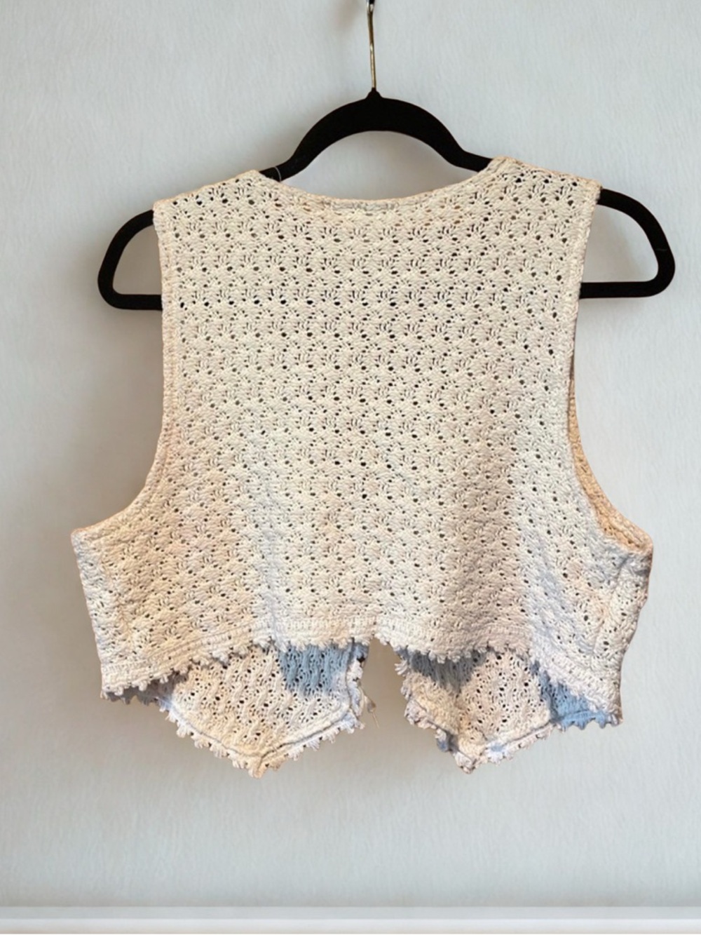 Vintage Landon West Crochet Knit Vest Large Cream Boho Tie Front Cottagecore - Picture 5 of 5